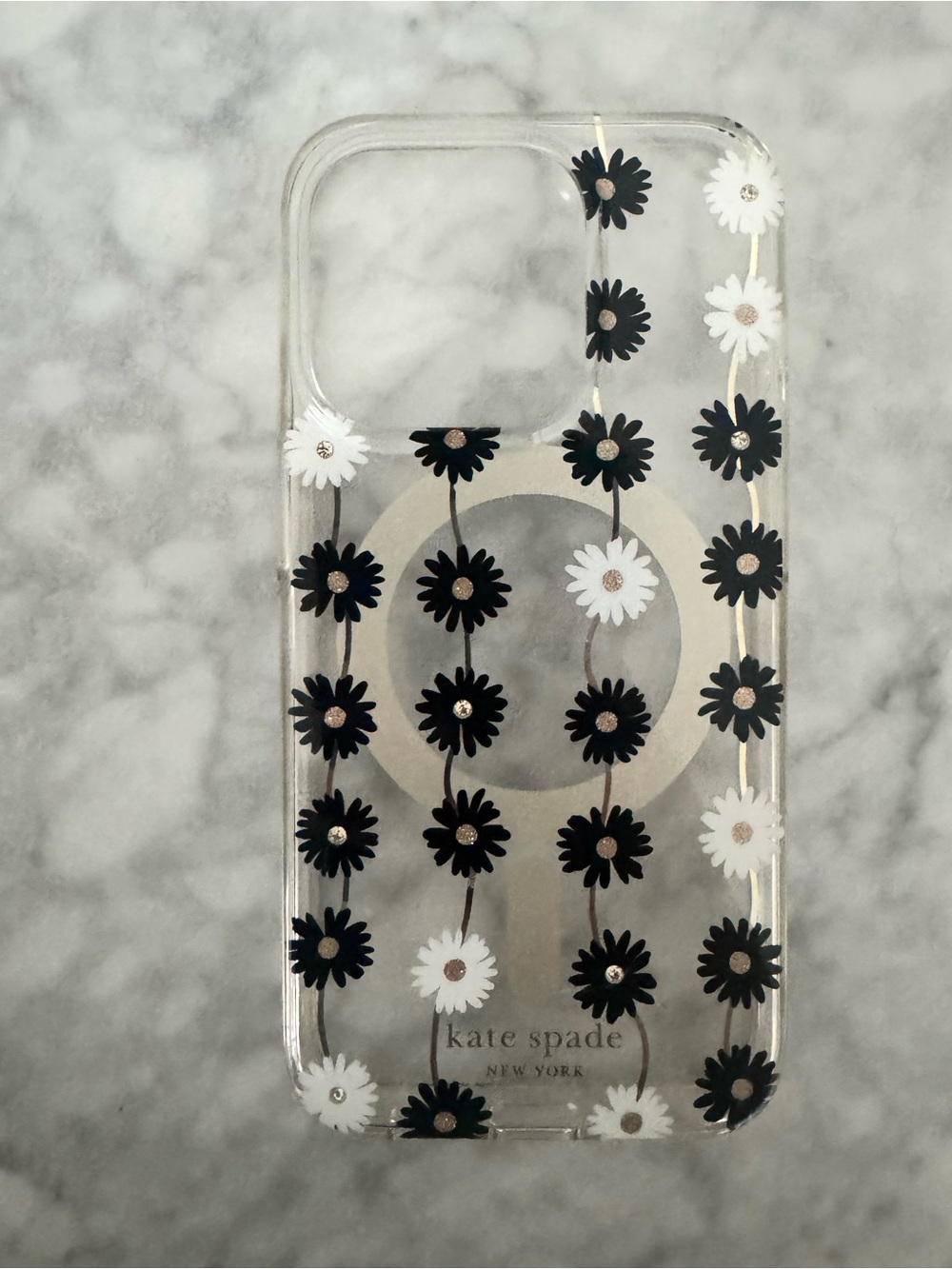 Kate Spade Clear Black & White Daisy Pattern Phone Case for iPhone 15 Pro